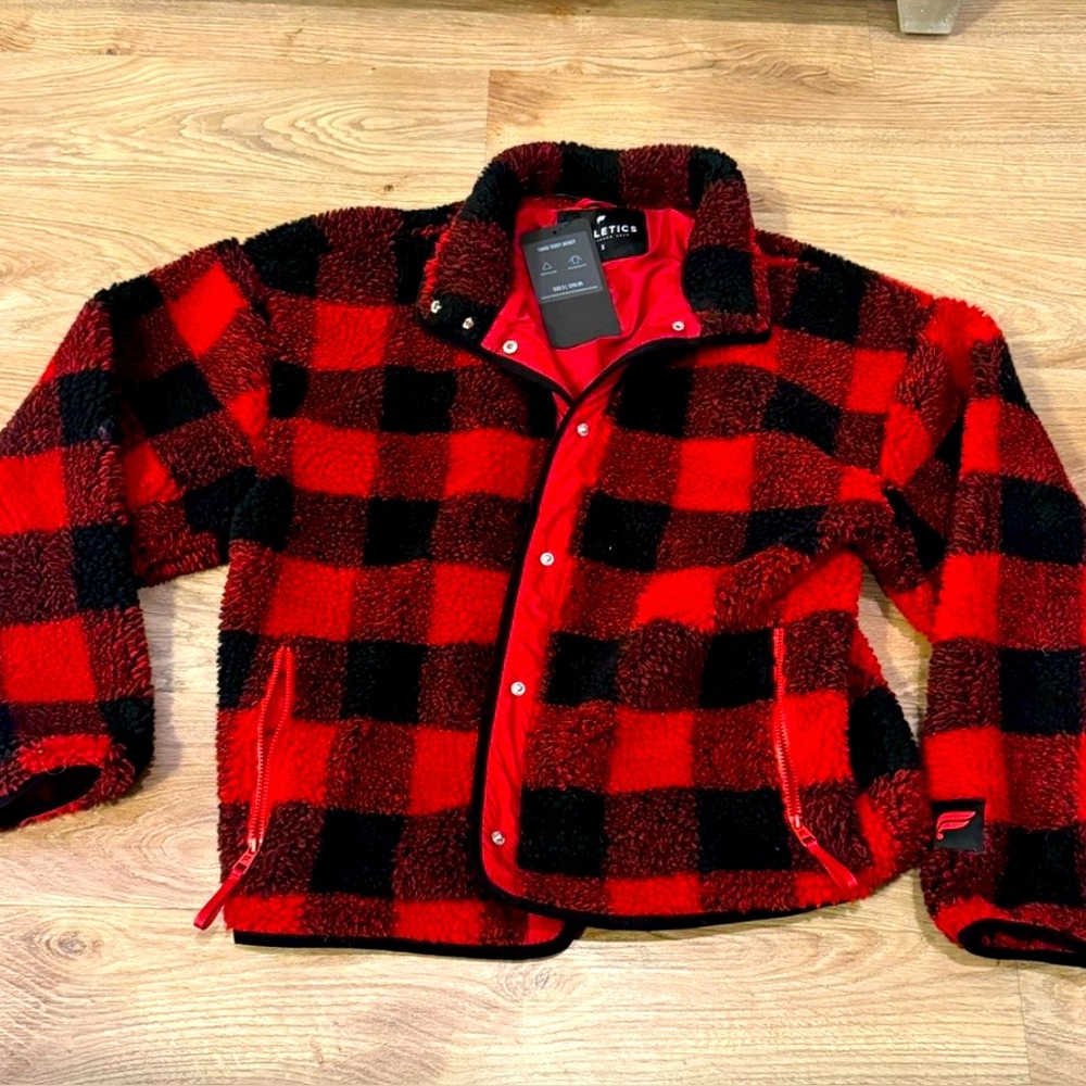 Fabletics Red and Black Plaid Teddy Jacket